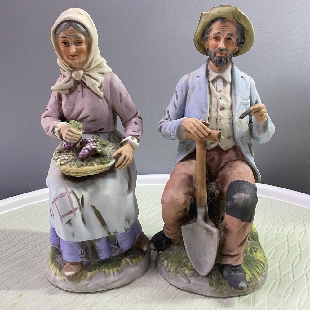 HOMCO-Farmer With a‎ Shovel AND farmers Wife with Fruit Basket-Vintage 8" Tall